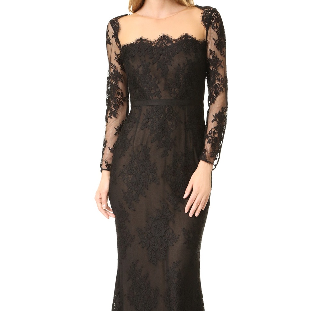 Marchesa Notte long sleeve black lace gown OBO